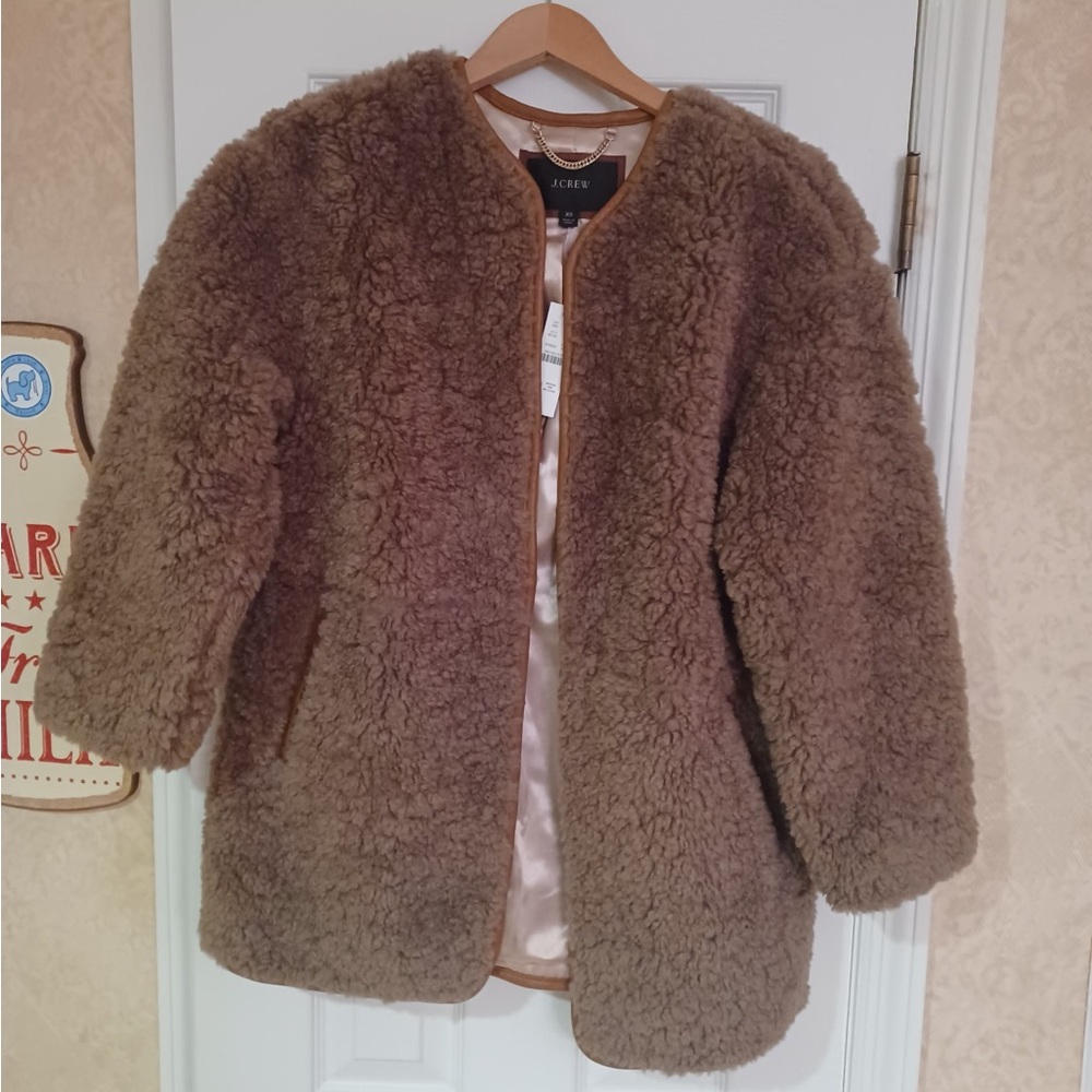 Brand New J. Crew Collarless Coat with Cream Lining - Sherpa